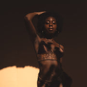 Asase Ya Chocolate Silk Embroidery Longline Bralette_model1_Ihuoma