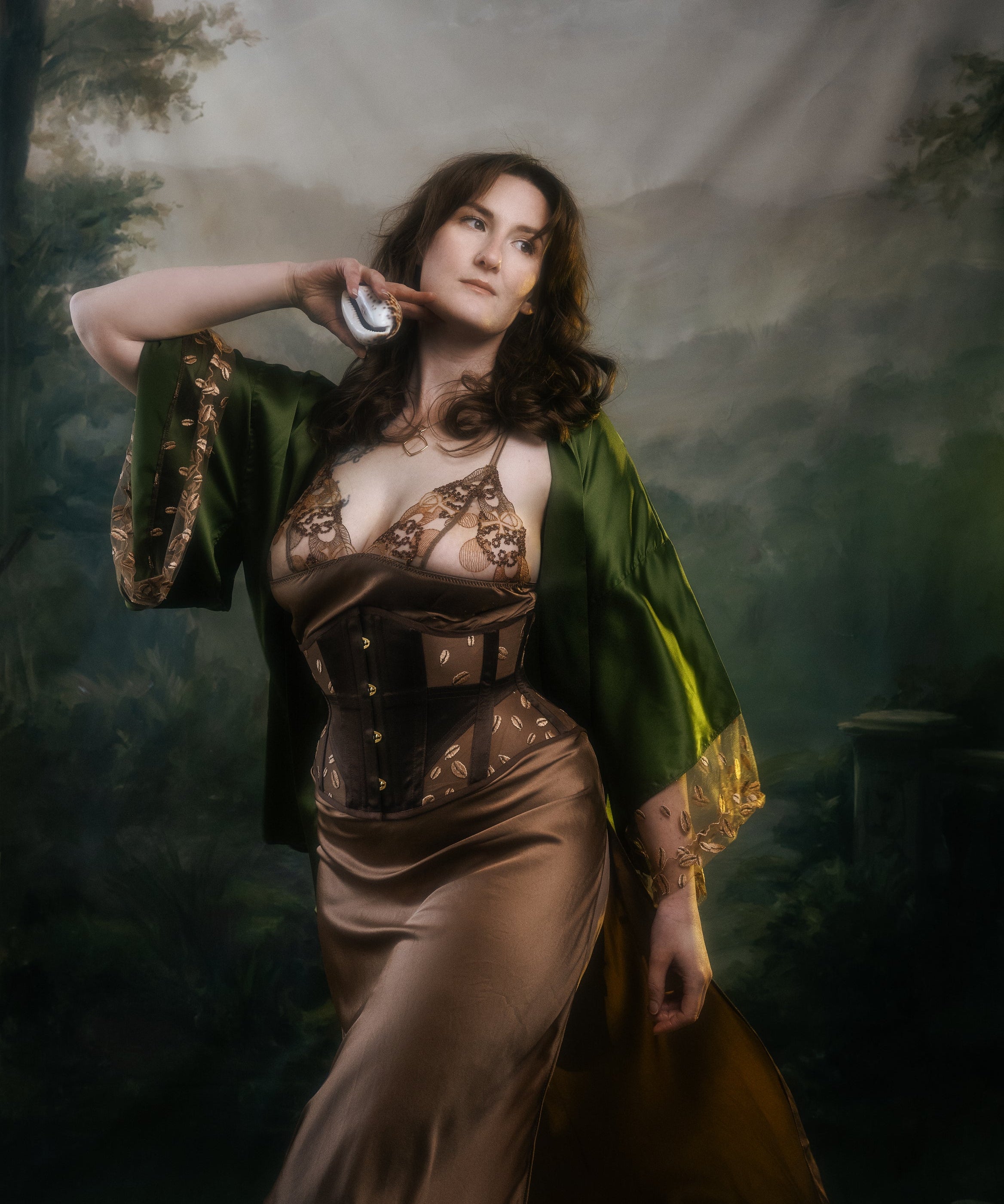 Founder_of_Orchid_Corsetry_wears_Kauri_Waspie_in_Chocolate_paired_with_Nairobi_Silk_Embroidery_Kimono_and_Divine_Feminine_Slip_Dress