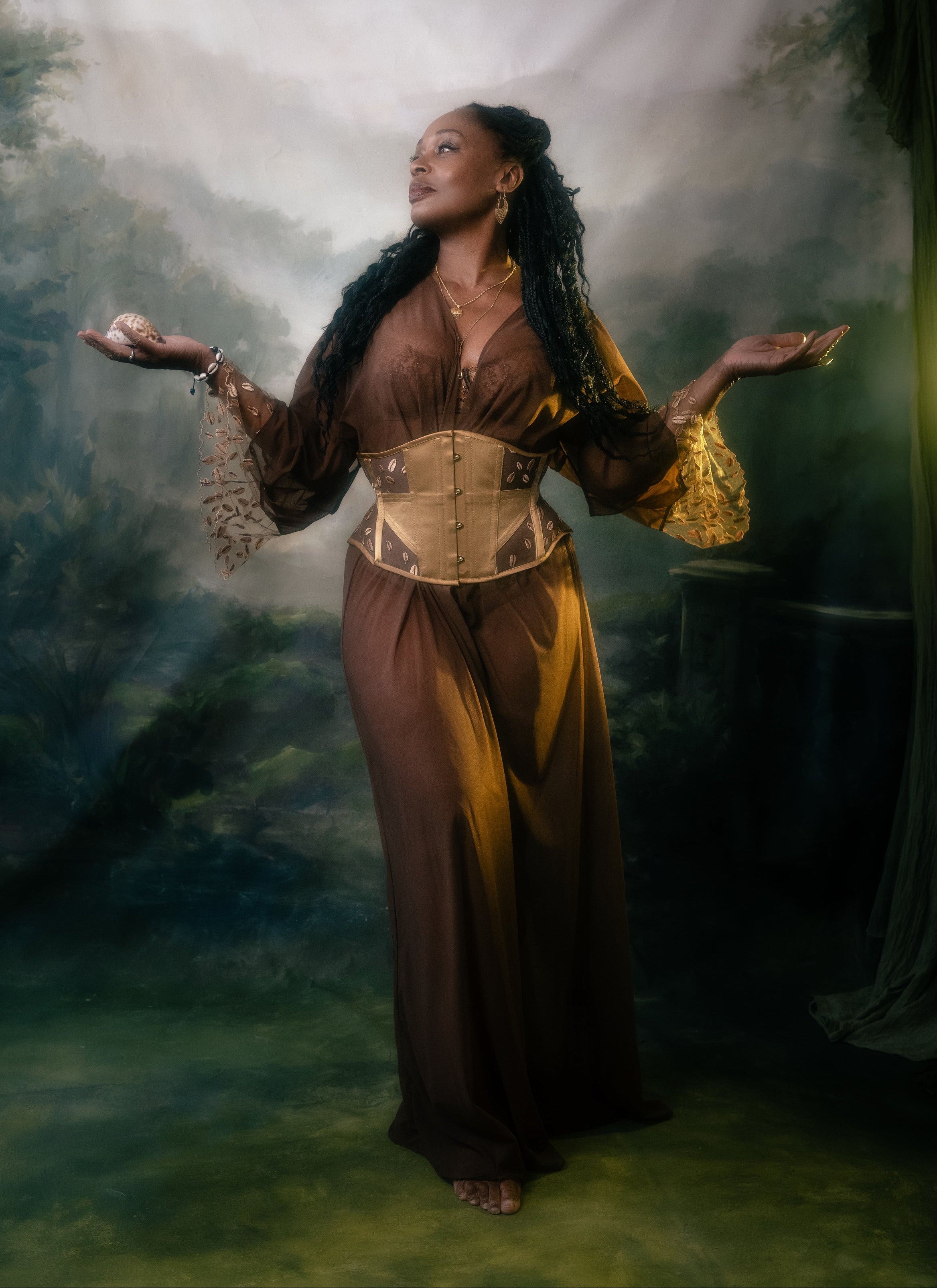 Ihuoma Founder wears Kauri Waspie In Gold paired with Kauri Mesh & Embroidery Robe
