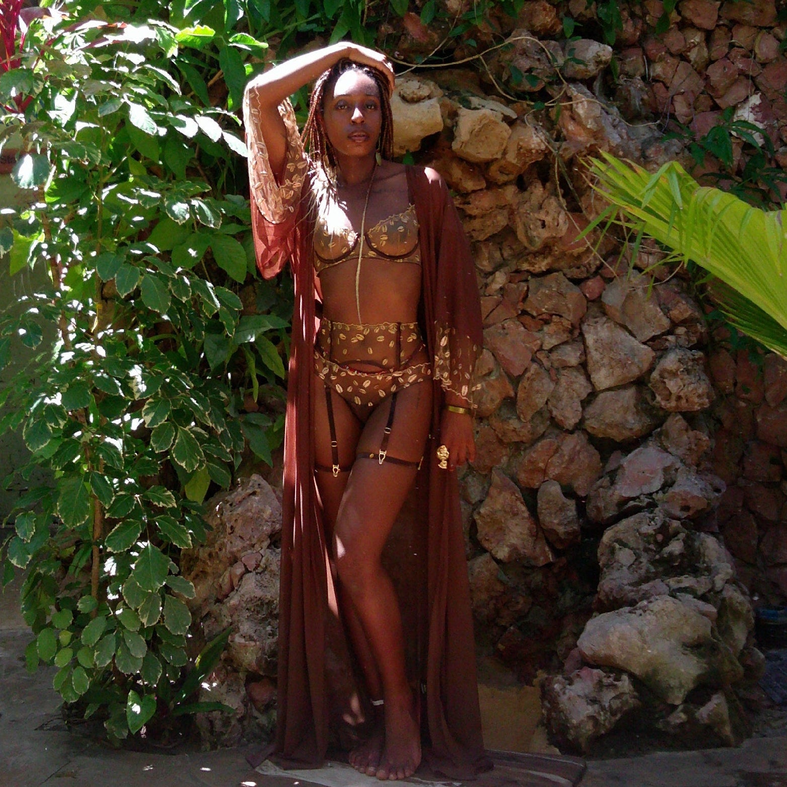 Model wears Kauri Mesh Boudoir Robe paired with Kauri Balconette, Suspender and brief - 1 