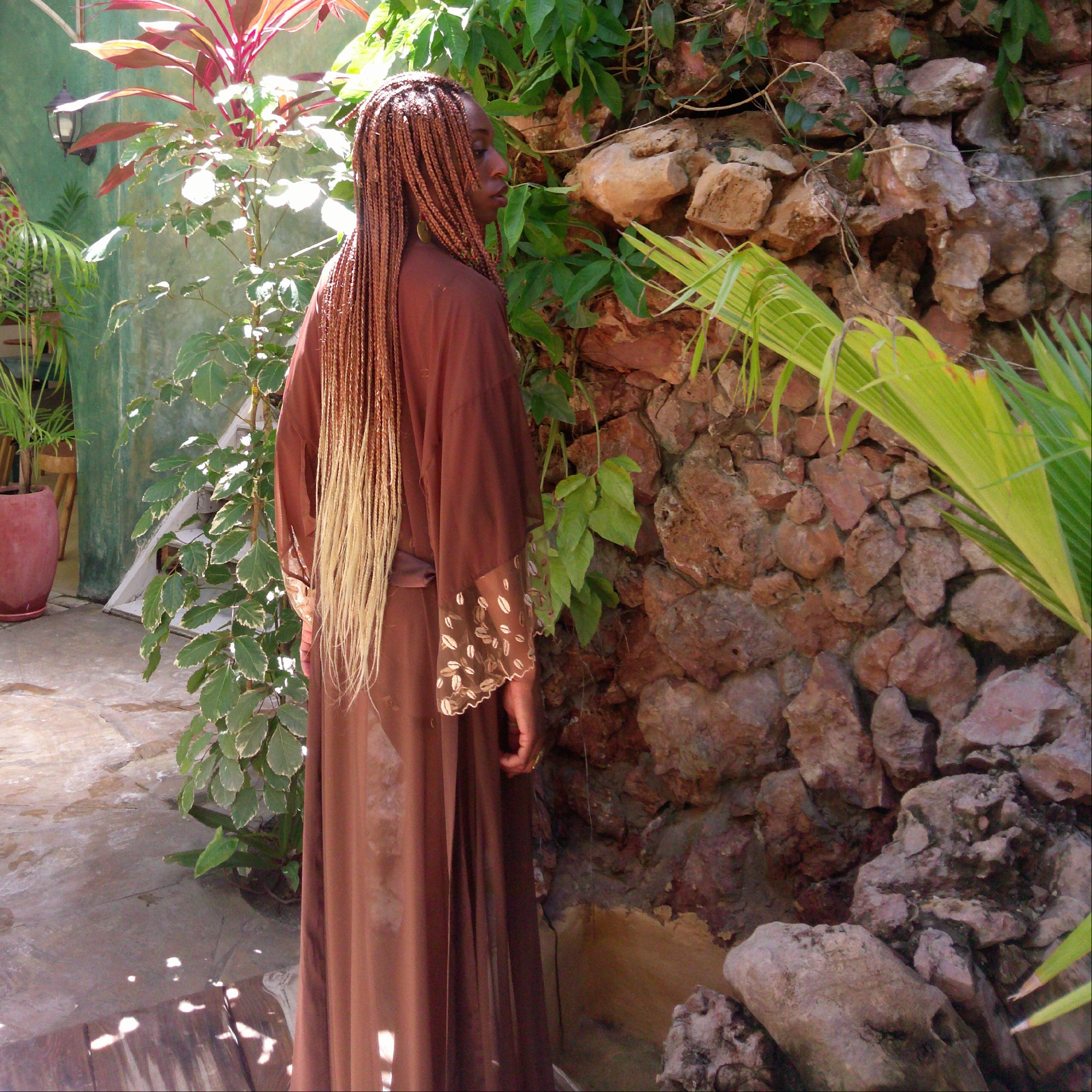 Model wears Kauri Mesh Boudoir Robe paired with Kauri Balconette, Suspender and brief - back view