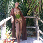 Model wears Kauri Waspie in Jungle Green, paired with Nairobi Plunge Bra, Embroidery Brief and Silk garters with Kauri Mesh and Embroidery Robe _ lifestyle shot