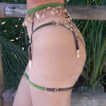 Model wears Nairobi Silk Garters paired with Nairobi Silk and Embroidery Brief - side