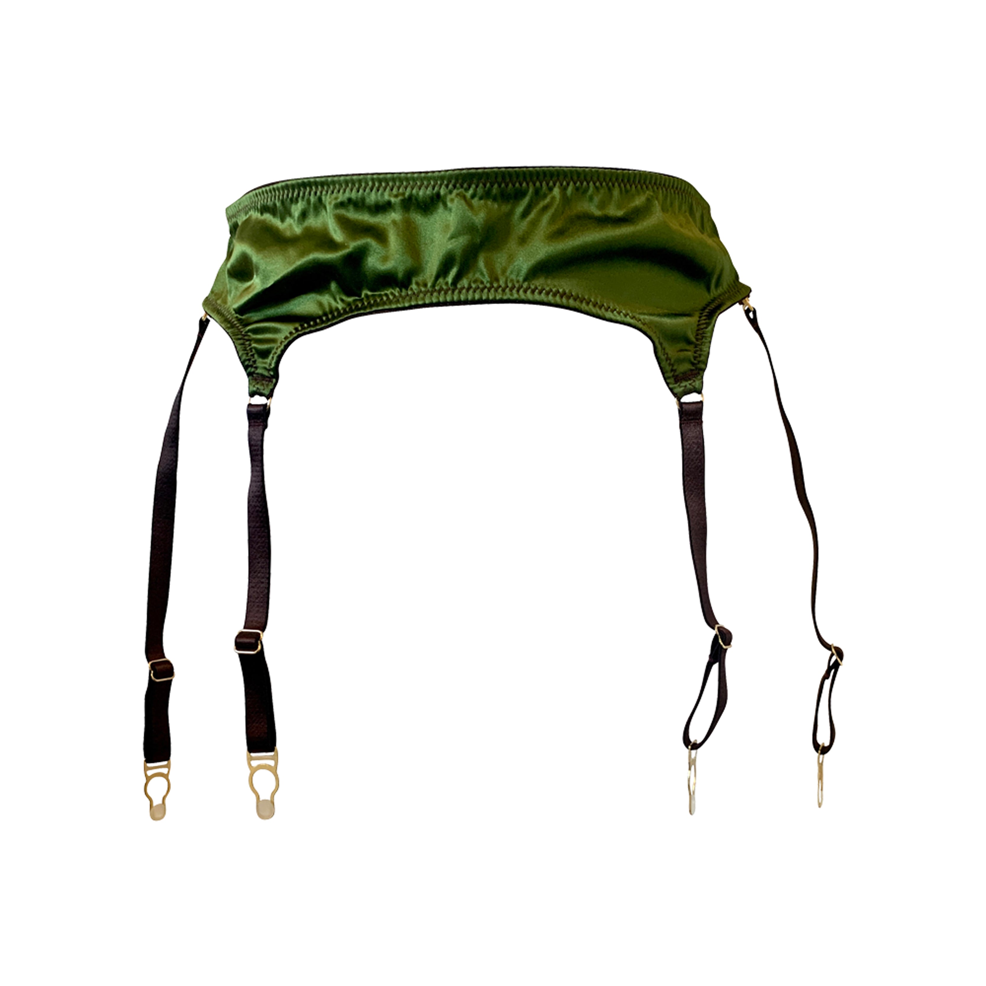 Green satin garter belt with brown straps on a white background