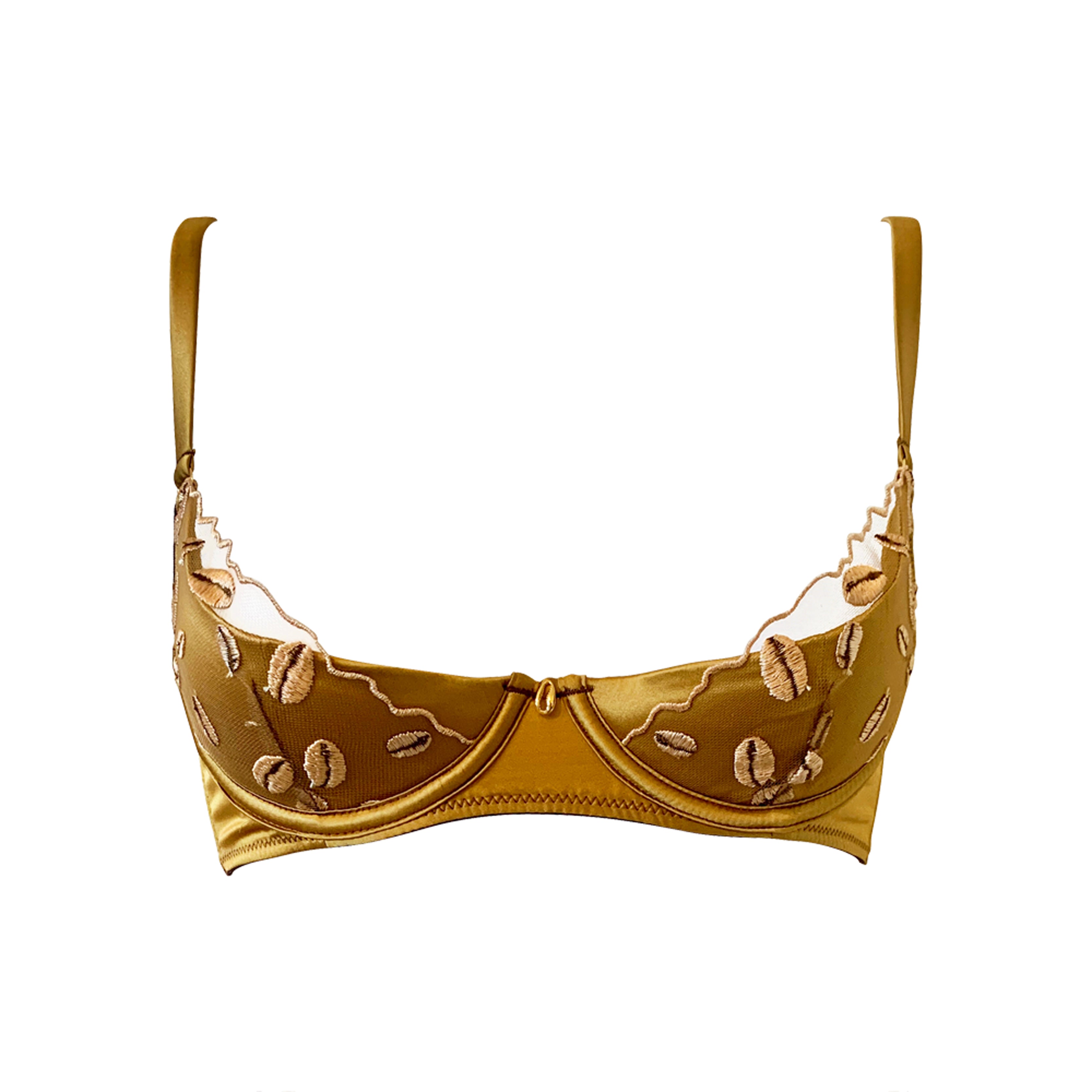 Gold bra with intricate design on a white background