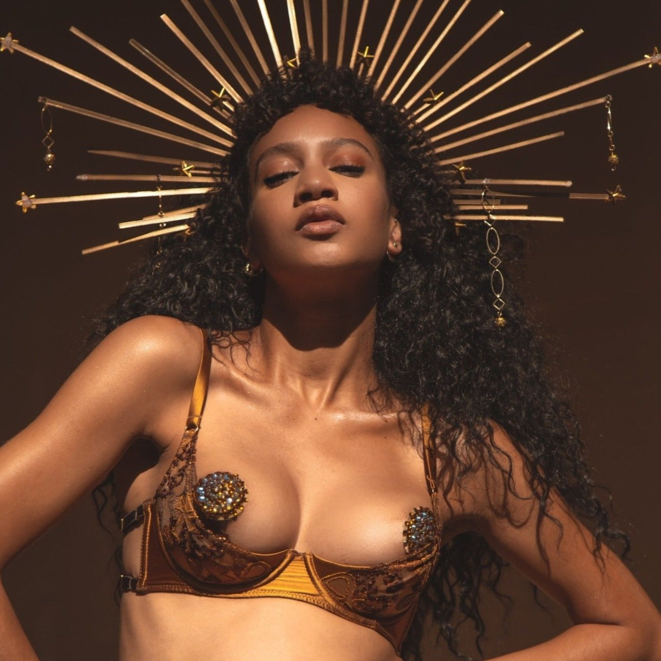 Oshun Gold Silk Embroidery Quarter Cup_model 2_front- Ihuoma