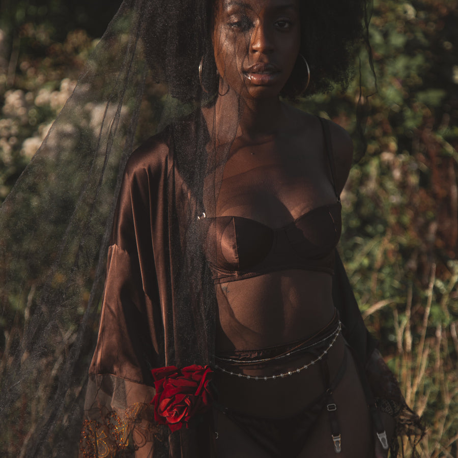 Asase Ya Chocolate Silk Balconette Bra with Suspender and thong_Model 2_ Front_ Ihuoma