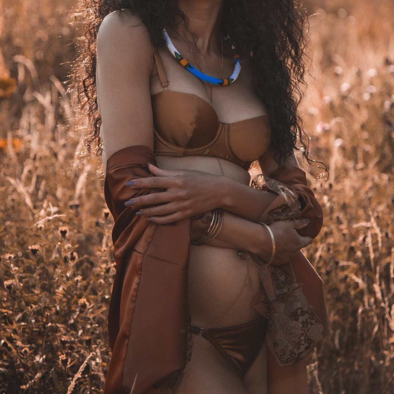 Ma'at Bronze Silk Balconette Bra_campaign_model 3_front_Ihuoma
