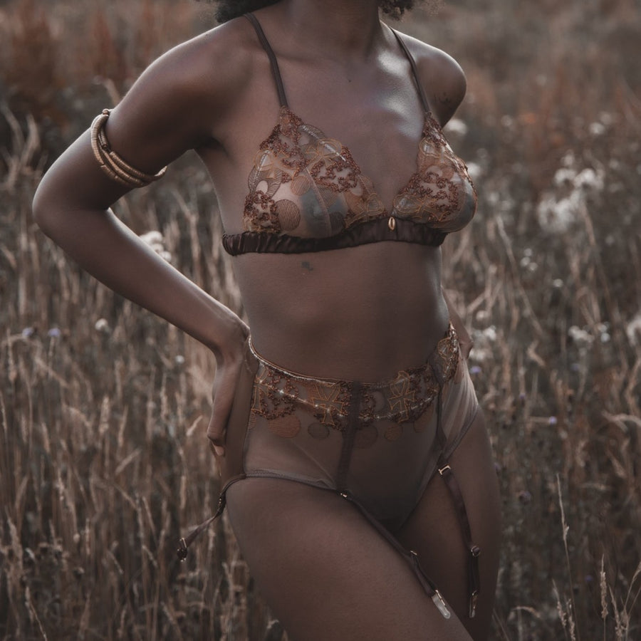 Divine Feminine Embroidered High Waist Brief with DF Bralette_campaign_model 2_front_Ihuoma