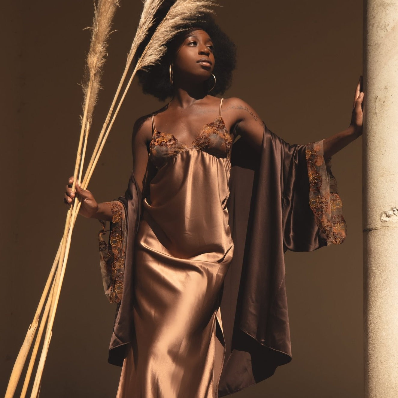 Ma'at Bronze Silk & Embroidered Slip with Asase Ya Kimono_campaign_model 1_front