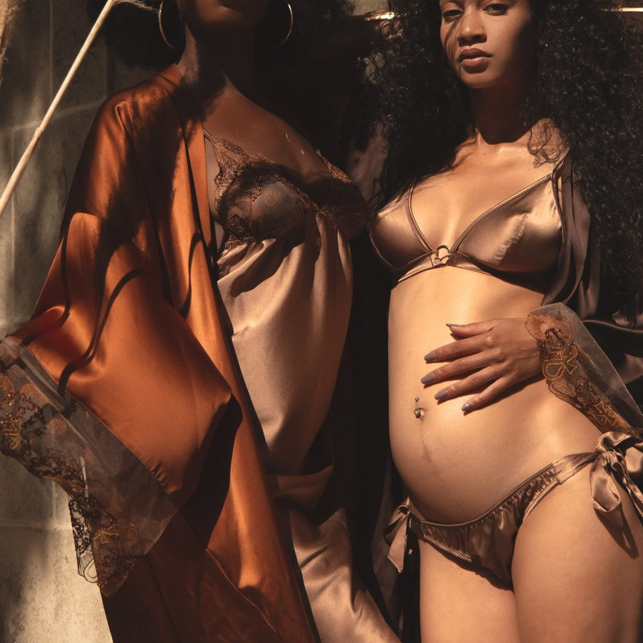 Ma’at Bronze Silk Side Tie Knicker & Ma'at boudoir Bralette_campaign_model 3_front _Ihuoma
