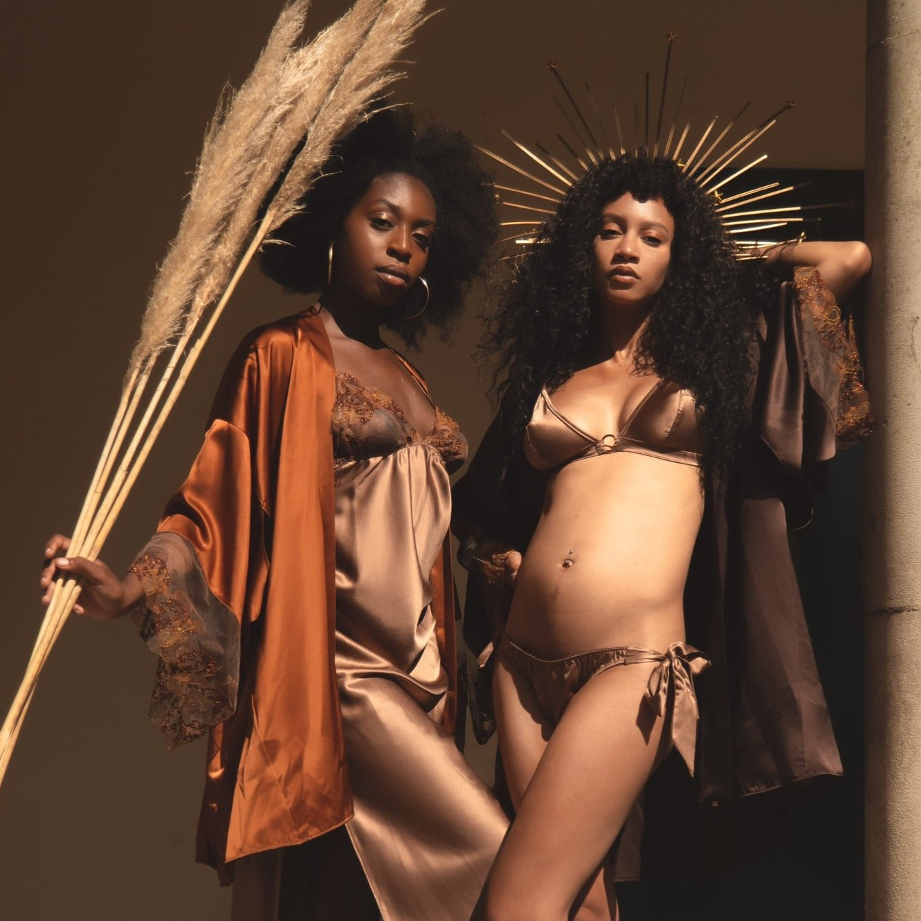 Ma’at Bronze Silk Boudoir Bra with Side tie knicker and Asase Ya Kimono_campaign_Model 4_front_Ihuoma