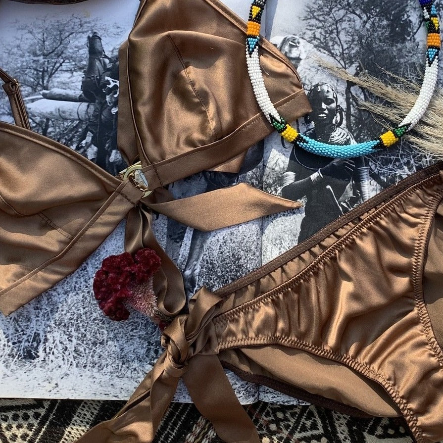 Ma’at Bronze Silk Side Tie Knicker & Ma'at boudoir Bralette_Flat lay _Ihuoma